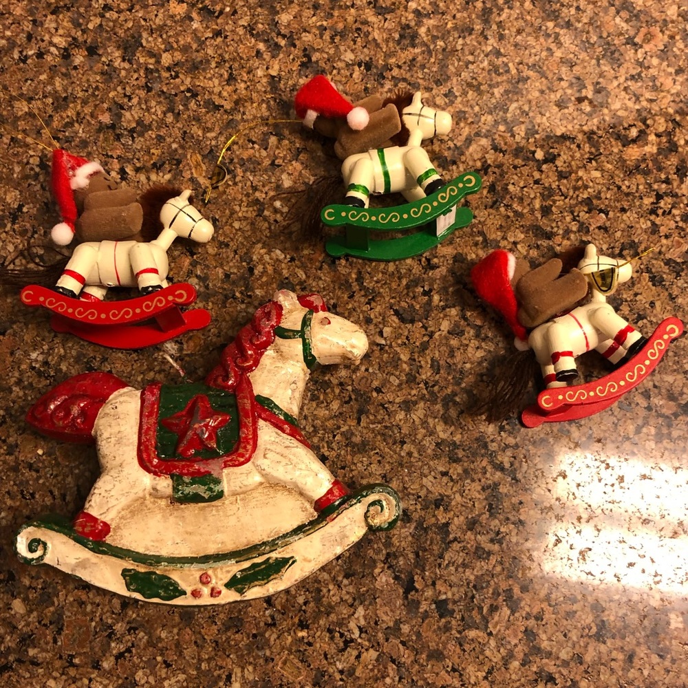 Rocking Horses; 3 teddy bear ornaments and one candle